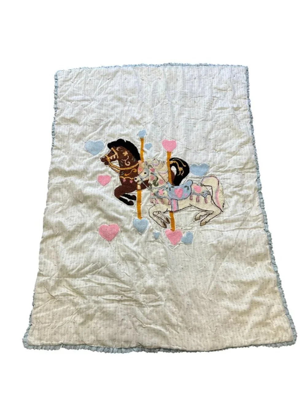 Vintage 80s Kawaii Pastel Carousel Horse Chenille Baby Blanket Hearts Coquette
